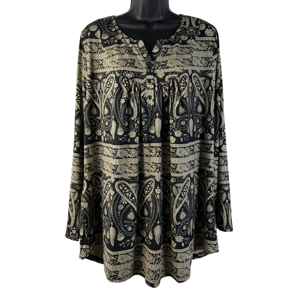 NWT‎ Folunsi Women 3X Black Cream Paisley Floral Henley Long Sleeve Tunic Blouse
